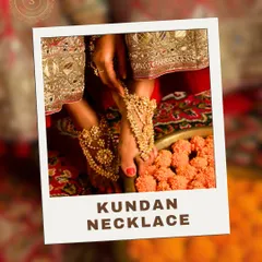 This image focuses on our beautiful Kundan hathphool, a hand harness that adorns both the wrist and fingers. It's an essential part of a complete bridal jewellery set.