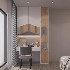 A bright and cheerful study nook for a child's room. The design features a mountain-shaped motif on the cabinetry, combining playful design with practical storage and a well-lit workspace.