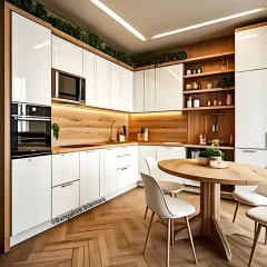 This L-shaped kitchen combines glossy white handle-less cabinets with a warm wood backsplash and open shelving. The design includes a small dining table, creating a cozy eat-in kitchen.
