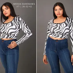 This diptych showcases a plus-size model in a zebra-print top and high-waisted jeans. Presenting both a side profile and a direct front-facing pose gives a comprehensive view for fashion e-commerce.