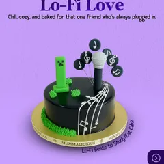 Lo-fi beats to study/eat cake to. This "Lo-Fi Love" cake combines the chill vibe of lo-fi music with a Minecraft creeper, perfect for the friend who's always plugged in.