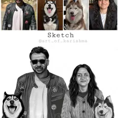 This family portrait is also a pet portrait. I sketched the couple's two beautiful huskies from separate photos to include them in this special A3 charcoal commission.