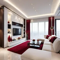 For this living room, we introduced a bold splash of color with a rich red rug and matching cushions. This contrasts beautifully with the white sectional sofa and the dark wood of the custom-built TV unit, which features integrated shelving for display.