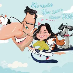 A magical family portrait created for an anniversary, featuring the couple, their two dogs, and a guinea pig flying through the clouds. I love bringing the whole family, pets included, into one fun-filled, imaginative illustration.