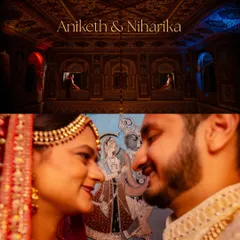 A close-up, intimate shot of the couple set against a traditional Rajasthani painting, connecting their modern love story to the rich heritage of the location. The top image shows the wider context of the beautifully painted room.