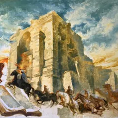 Temple of Light: Martand’s Eternal Flame" is a large-scale acrylic on canvas piece. It is a narrative work depicting a significant event in Kashmir's history, exploring themes of cultural heritage, conflict, and memory.