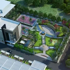 An aerial view of a group housing project in Kanpur, illustrating my capabilities in township and community planning. The design integrates residential blocks with extensive green spaces, a central clubhouse, recreational courts, and pedestrian-friendly pathways to foster a vibrant community environment.