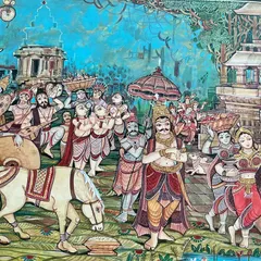 Another view of the folk fusion painting, showcasing the Hampi stone chariot and other cultural motifs.