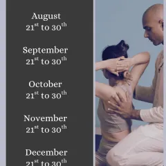 An announcement for our 10-day Integrative Yoga Massage workshop, a powerful fusion of bodywork, assisted stretching, and breathwork. This graphic lists the dates for 2025.