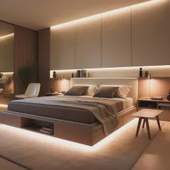 This design concept showcases a modern platform bed with built-in storage drawers and integrated LED lighting along its base. The headboard extends into a full wall panel with a backlit niche, creating a warm and inviting ambiance.