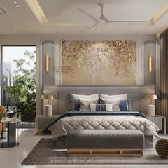 This master bedroom is a serene retreat designed to connect with nature. I incorporated large windows to flood the space with light and provide views of the lush greenery, complemented by a custom art panel and a cozy chaise lounge for quiet moments.