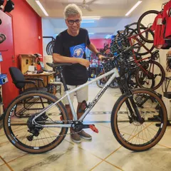Here I am with the proud new owner of the 'Contrarian'. The best part of my job is seeing the excitement when a rider connects with a bike that was built just for them, from our initial chat to the final handover.