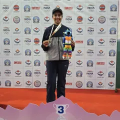 A huge achievement for Amodini Naik, seen here with her Bronze Medal from the 38th National Games. Competing and winning at the national level is a significant milestone that reflects her dedication to the sport.