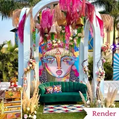 **The Vision:** We designed this vibrant, artistic Mehendi setup as a 3D render, focusing on bold colors, unique textures, and a central art piece to create a bohemian vibe.