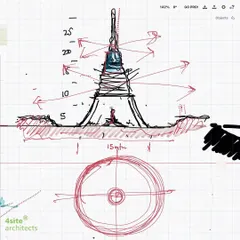 An early concept sketch for the university's overhead water tank. My process involves transforming functional elements into architectural features, so this includes a meditation space and a viewing deck.