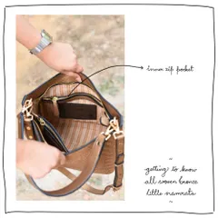 Getting to know the features of the Little Namrata. This image highlights the inner zip pocket, one of the many functional details we can discuss and customize during your design consultation.