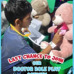 Last chance to join the clinic! A young doctor-in-training gives his teddy bear patient a check-up with a stethoscope. Our doctor role-play activity is a fantastic way for kids to learn about helping others.
