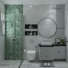 A concept for a small toilet, using a green herringbone tile pattern in the shower area to add a pop of color and texture, making the space feel unique and stylish.