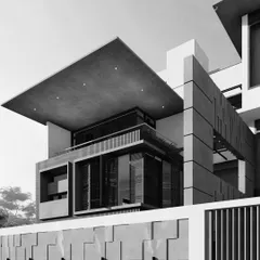 A black and white architectural render exploring the massing of a building with a dramatic, oversized roof and a textured boundary wall.