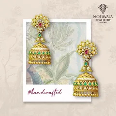 A masterpiece of traditional craftsmanship, these handcrafted jhumkas feature intricate gold work, polki diamonds, and vibrant emeralds. I designed these for Tamanna Punjabi Kapoor, reflecting a timeless royal aesthetic.