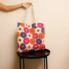 Here is a full view of the Bohemian tote, showing off its sturdy white straps and the cute little tassel I add for extra charm. It’s a handcrafted bag that is built to last and carry your essentials in style.