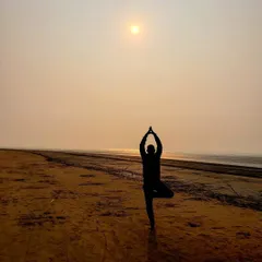 This is Vrikshasana, the Tree Pose, practiced at sunrise. This asana helps us find balance and stability, rooting down into the earth just like a tree. It reminds us that even with the world moving around us, we can find a steady center.