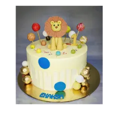 A Pinterest-inspired choco-vanilla cake with a cute lion topper. The colorful spheres and drip effect make it a fun and modern design for a first birthday.