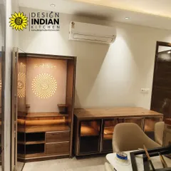A wider view of the mandir and bar unit combination. This shows how I can create multi-functional furniture that maintains a consistent design aesthetic across different uses in the same room.