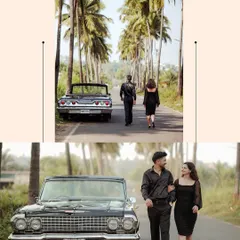 A diptych showing a couple walking down a palm-tree-lined road with a vintage car, perfectly capturing the classic, romantic feel of Goa.