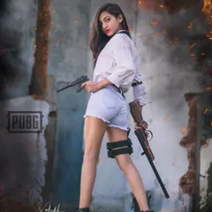 An action-packed shot from the PUBG series. The model is in a dynamic pose with two guns against a dilapidated background, enhanced with digital fire and smoke to create a high-stakes, cinematic feel.