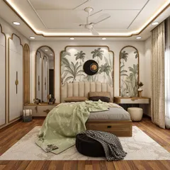 This master bedroom is a perfect example of modern luxury meeting heritage. The arched panels and tropical wallpaper create a serene escape that feels both sophisticated and deeply personal.