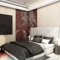 This bedroom composition uses a feature wall with a custom digital artwork of bamboo to introduce a quiet sense of movement. The restrained palette of black, white, and warm wood is balanced with a high-back upholstered bed for a feeling of restrained luxury.