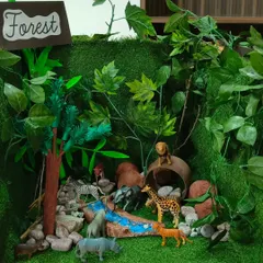 A detailed diorama of a forest ecosystem, created by the children. This project-based learning helps them understand different habitats, the animals that live there, and the importance of biodiversity.