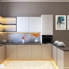 A kitchen design option for a project in Sonipat, Haryana. It combines beige and white cabinets, a dark countertop, and a marble-patterned backsplash, with backlit glass cabinets for display.