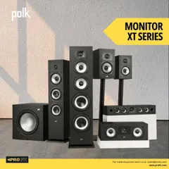 The POLK Monitor XT Series offers clarity and power for audiophiles and casual listeners alike. This complete range, including tower speakers, bookshelf models, and a subwoofer, is designed to deliver rich, detailed, and immersive sound that complements any decor.