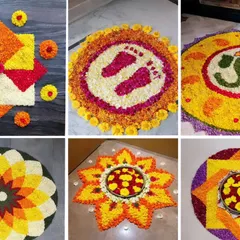 Nothing says welcome like a beautiful flower rangoli. This collage shows the variety I can create, from traditional pookalam and auspicious Ganesha designs to sweet baby footprints for a baby shower celebration.