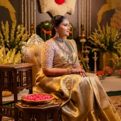Grace and elegance personified. This is a full look I created for a housewarming ceremony, featuring a beautiful golden saree and regal makeup that made my client feel like royalty in her new home.