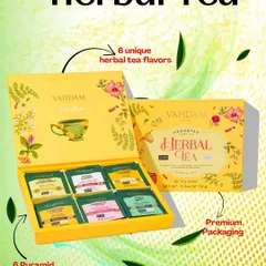 Gift the warmth of wellness with this Vahdam Herbal Tea assortment. The box contains six unique herbal tea flavors in pyramid tea bags, presented in premium, vibrant packaging.