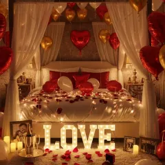 For a truly memorable anniversary or romantic surprise, I can transform a room into a private getaway. This setup features a canopy bed, hundreds of balloons, scattered rose petals, and glowing "LOVE" marquee letters.