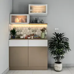 A compact and stylish crockery cabinet perfect for a dining area corner. The unit features a hexagonal tile backsplash, under-cabinet lighting, and a mix of closed and glass-front storage.