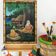 A closer look at the Guru-Shishya painting on my easel, framed and ready for the client. This piece was a special dedication for motivational speaker Suresh Srinivasan.