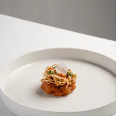 A close-up of the lamb shikampuri, showcasing the delicate, crispy kataifi wrapping and the single pickled onion petal on top. It’s a dish of intricate textures and deep flavours.