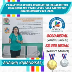 We are honored to train inspiring para-athletes like Anagha Karandikar. Her gold medal in Women's Singles and silver in Mixed Doubles at the State Level Para Badminton Championship showcases her incredible spirit and determination. Our specialized para-badminton coaching is available at our Dadar center.