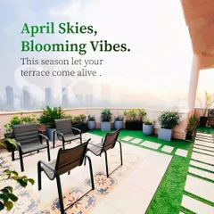 April skies and blooming vibes. This season, we let this terrace come alive with a mix of patterned tiles and artificial grass, modern seating, and a variety of planters against the city skyline.