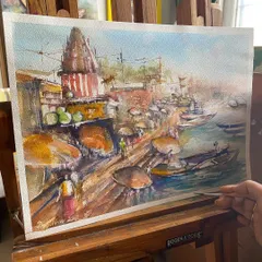 A watercolor painting of the ghats of Varanasi. The city has a vibe unlike any other, and I could happily spend my days painting the endless scenes along the river.