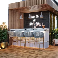 A modern rooftop bar concept, perfect for entertaining. The 3D render details the bar counter, seating, neon signage, and a green wall, creating a chic and inviting atmosphere.