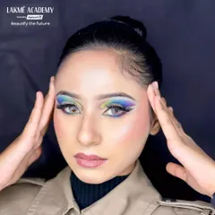 This powerful, straight-on look shows how the colorful eye makeup makes a statement. Students learn to create looks that are not only beautiful but also photograph exceptionally well.