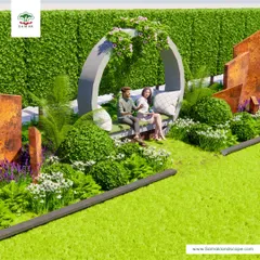 This image showcases a bespoke sculptural bench that acts as a functional piece of art within the landscape. Set against a backdrop of manicured lawns and a high green hedge, it provides a unique and comfortable seating element.