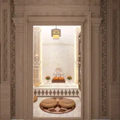 A divine corner of serenity. This traditional pooja room features an intricately carved wooden doorway, leading to a peaceful space with a marble Ganesha idol and woven floor seating.