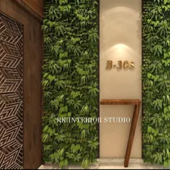 A 3D render of a luxury foyer design. This concept includes a vertical green wall, a sleek wooden console, and a modern nameplate, creating a fresh and natural entrance.